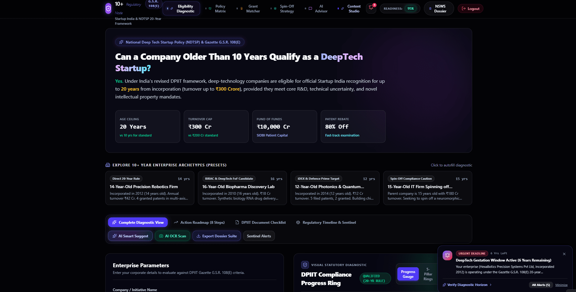 Startup Eligibility and Grant Navigator eligibility evaluation screen